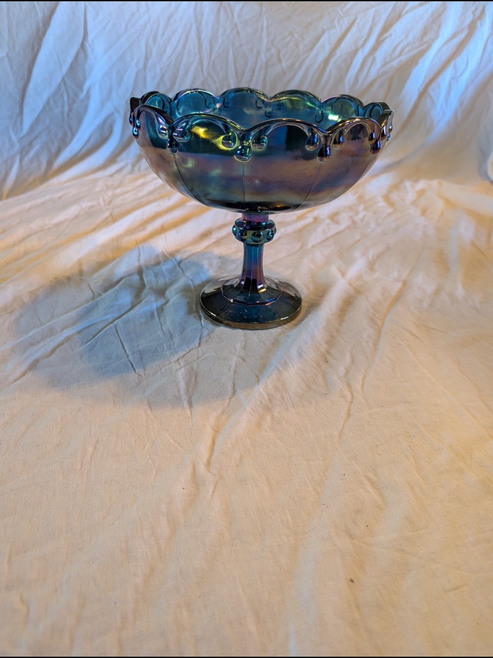 2/70$ Indiana Glass Iridescent Blue Pedestal Compote